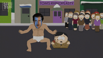 A South Park Cartoon Shows A Man In Underwear Standing In Front Of A Building That Says Tom 'S Rhinoplasty GIF