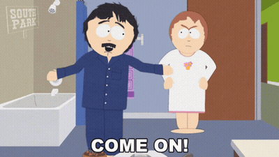 A South Park Cartoon Shows Randy And A Girl Standing In A Bathroom GIF
