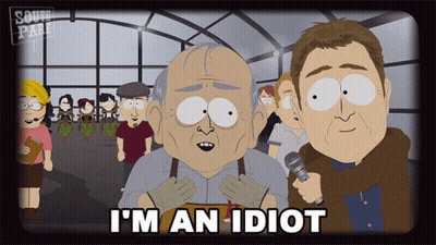 A South Park Cartoon With A Man Holding A Microphone And The Words I 'M An Idiot GIF