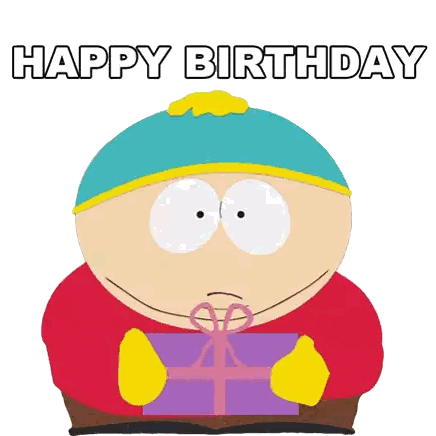 A South Park Character Holding A Purple Gift Box With The Words Happy Birthday Written Below Him Sticker