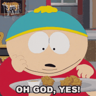 A South Park Character Is Holding A Plate Of Food And Says Oh God Yes GIF