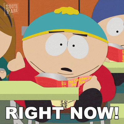 A South Park Character Reading A Book With The Words Right Now Written Below Him GIF