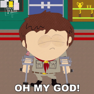 A South Park Character With Crutches And The Words Oh My God GIF
