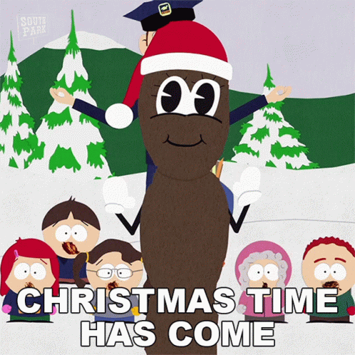A South Park Christmas Card With A Poop Wearing A Santa Hat And The Words Christmas Time Has Come GIF