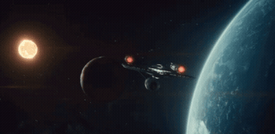 A Space Ship Is Flying Around A Planet With A Sun In The Background GIF