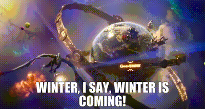 A Space Ship Is Flying Through Space With The Words `` Winter , I Say , Winter Is Coming '' . GIF