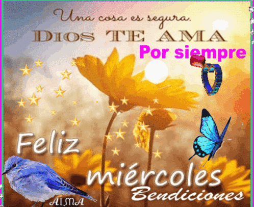 A Spanish Greeting Card With A Blue Bird And Butterflies GIF
