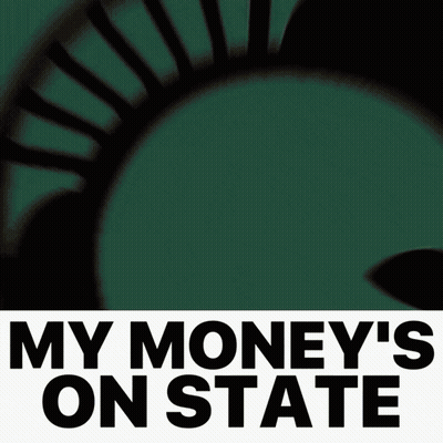 A Spartan Helmet Surrounded By Money With The Words My Money 'S On State Below It GIF