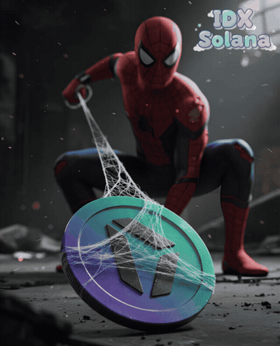 A Spider Man Holding A Coin In Front Of A Sign That Says ' 1Dx Solana ' GIF