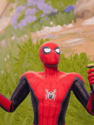A Spider Man In A Red And Black Suit Holding A Banana GIF