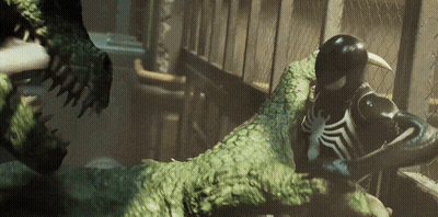 A Spider Man Is Fighting A Crocodile In A Dark Room GIF
