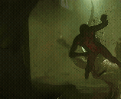 A Spider-Man Is Flying Through The Air In A Dark Room GIF