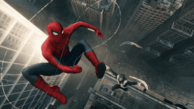 A Spider Man Is Flying Through The Air While Another Spider Man Is Standing On A Ledge GIF