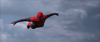 A Spider Man Is Flying Through The Air With His Arms Outstretched GIF