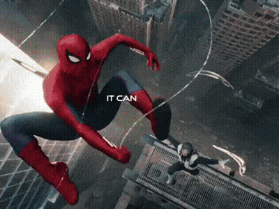 A Spider-Man Is Flying Through The Air With The Words " It Can " Above Him GIF