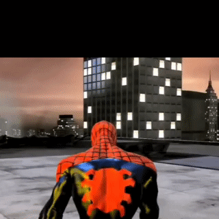 A Spider Man Is Standing In Front Of A City Skyline At Night GIF