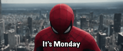 A Spider Man Says It 'S Monday In Front Of A City Skyline . GIF