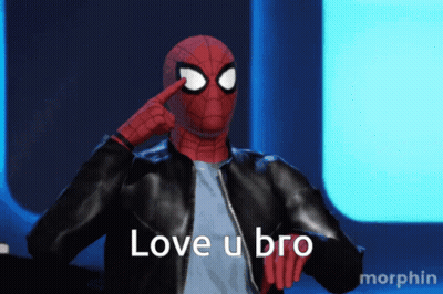 A Spider Man Says Love U Bro While Pointing To His Eye GIF