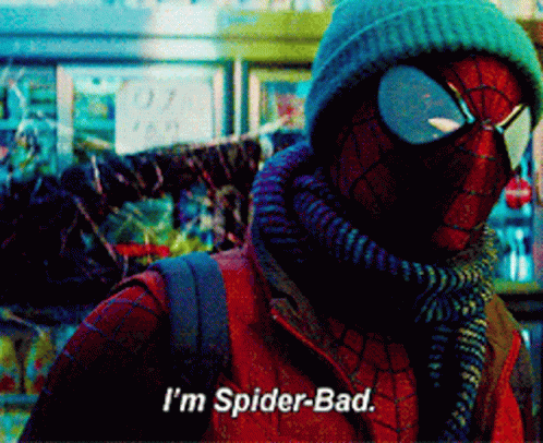 A Spider-Man Wearing A Hat And Scarf Is Saying I 'M Spider-Bad GIF