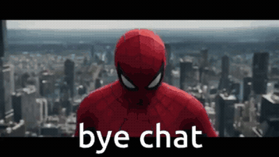 A Spiderman Is Standing In Front Of A City With The Words Bye Chat Written Below Him . GIF