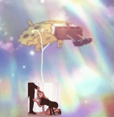A Spongebob Balloon Is Being Held By A Man And A Woman GIF