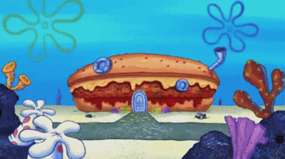 A Spongebob Cartoon Scene With A Large Hamburger House GIF