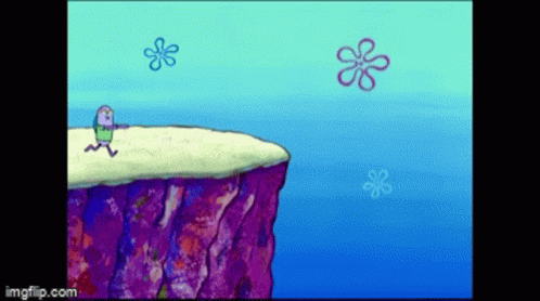 A Spongebob Character Is Standing On The Edge Of A Cliff Overlooking The Ocean . GIF
