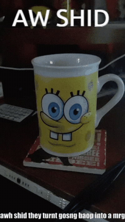 A Spongebob Mug Sits On A Coaster On A Table GIF