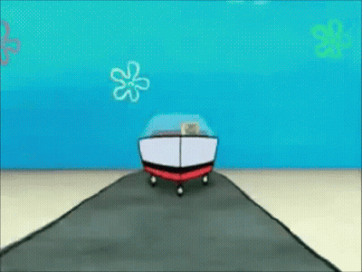 A Spongebob Squarepants Boat Is Driving Down A Road Next To A Cliff . GIF