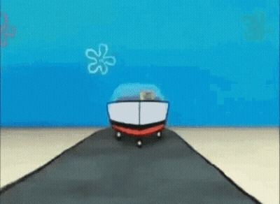 A Spongebob Squarepants Car Is Driving Down A Road In The Ocean . GIF