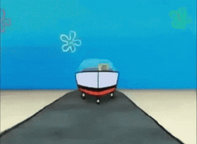 A Spongebob Squarepants Cartoon Character Is Driving A Car Down A Road . GIF