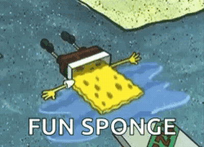 A Spongebob Squarepants Cartoon Character Is Laying In The Water With The Words `` Fun Sponge '' Written Below Him . GIF