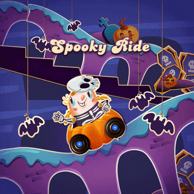 A Spooky Ride Poster With A Skeleton In A Pumpkin Car GIF