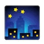 A Square Icon Of A City At Night With Stars In The Sky Sticker