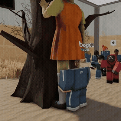 A Squid Game Character Is Standing Next To A Tree In A Video Game .. GIF