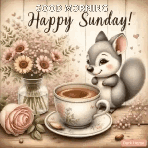 A Squirrel Is Sitting Next To A Cup Of Coffee And Flowers On A Wooden Table . GIF