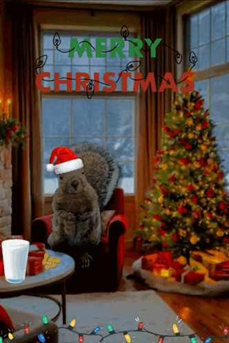 A Squirrel Wearing A Santa Hat Is In A Living Room With A Christmas Tree GIF