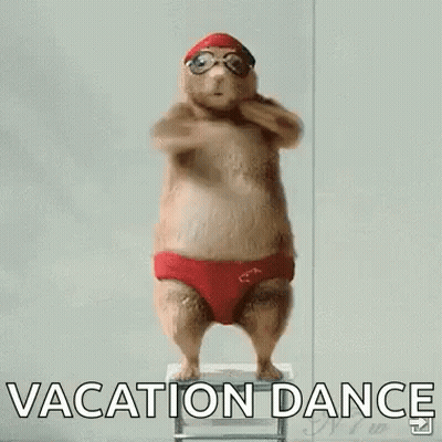 A Squirrel Wearing Red Swim Trunks And Goggles Is Dancing On A Stool . GIF