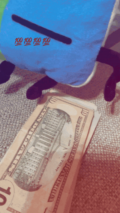 A Stack Of 10 Dollar Bills Next To A Blue Pillow With 100 100 100 100 Written On It GIF