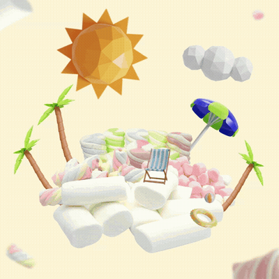 A Stack Of Marshmallows With Palm Trees And A Chair GIF