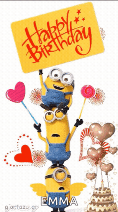 A Stack Of Minions Holding A Sign That Says Happy Birthday Emma GIF