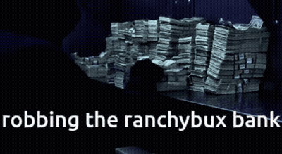 A Stack Of Money On A Shelf With The Words Robbing The Ranchybux Bank Below It GIF
