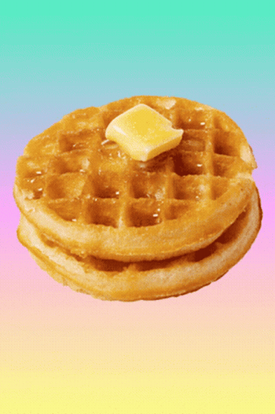 A Stack Of Waffles With Syrup And Butter On A Colorful Background GIF