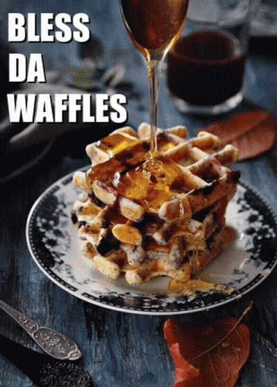 A Stack Of Waffles With Syrup Being Poured On Them With The Words Bless Da Waffles Below GIF