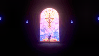 A Stained Glass Window Shows A Man Holding A Cross GIF