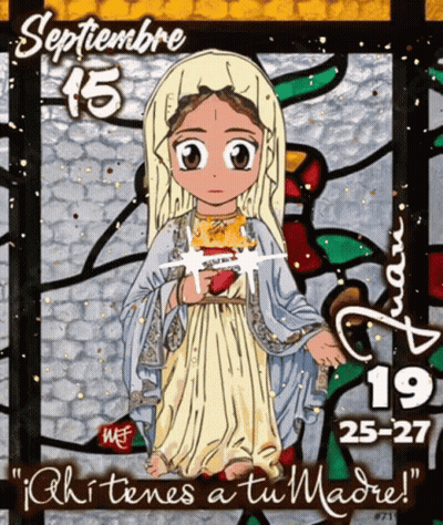 A Stained Glass Window With A Cartoon Of Jesus On It GIF