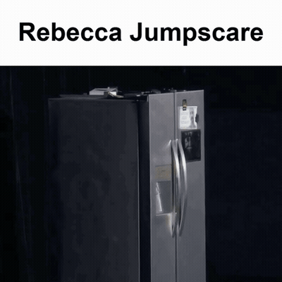 A Stainless Steel Refrigerator With The Words Rebecca Jumpscare On The Top GIF