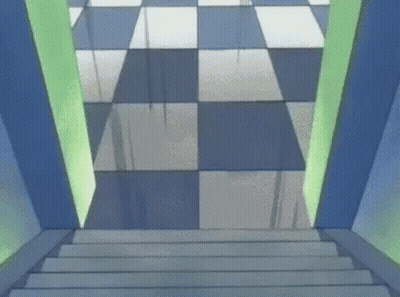 A Staircase Leading Up To A Checkered Floor GIF