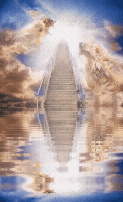A Staircase Leading Up To Heaven With Angels Flying Overhead GIF