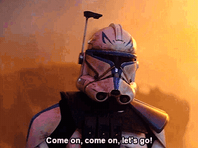 A Star Wars Clone Trooper Says " Come On Come On Let 'S Go " GIF